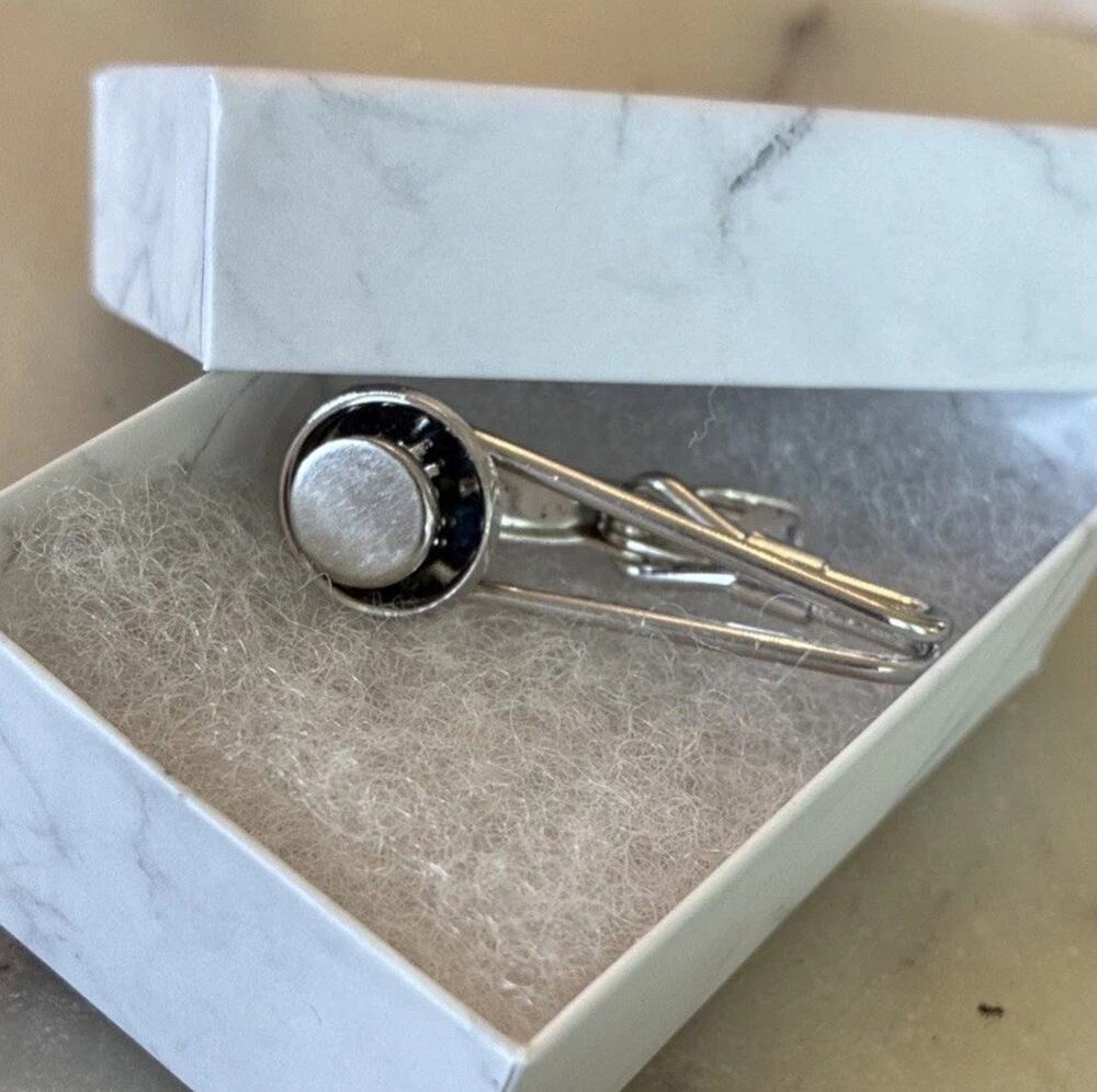 Vintage Pioneer CZ Sapphire Color Silver Toned Tie Clip L2